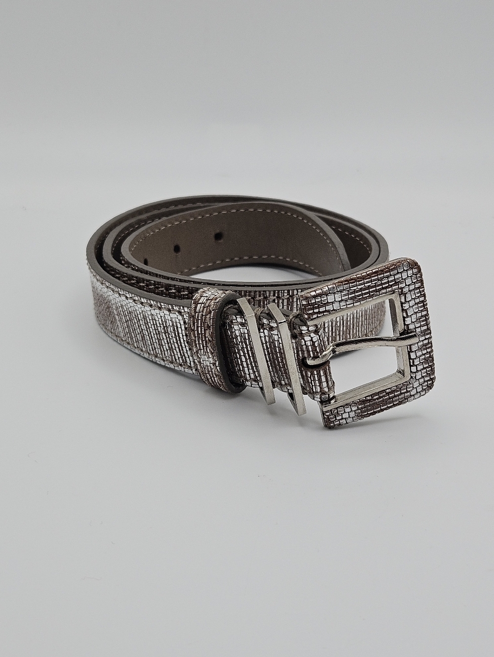 LK Bennett leather belt metallic silver tan scale size S/M
